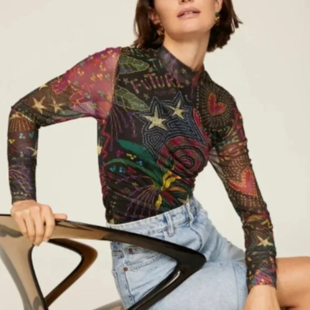 NWT FARM Rio Amazonia Tulle Blouse Top Black Multi L $190